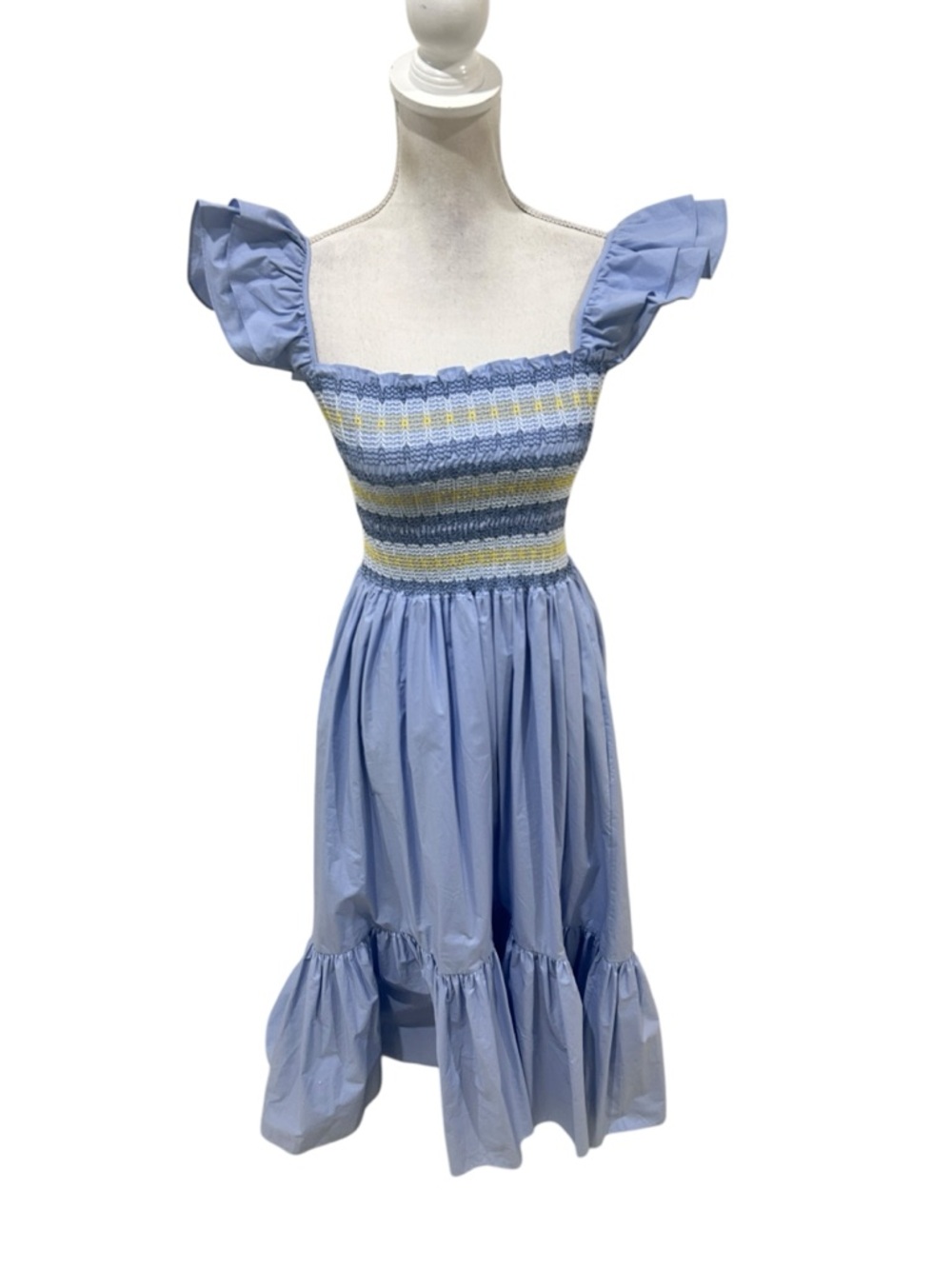 Cara Cara ruby tiered blue Smocked Midi Dress Yellow Stripe Bodice flutter sz xs